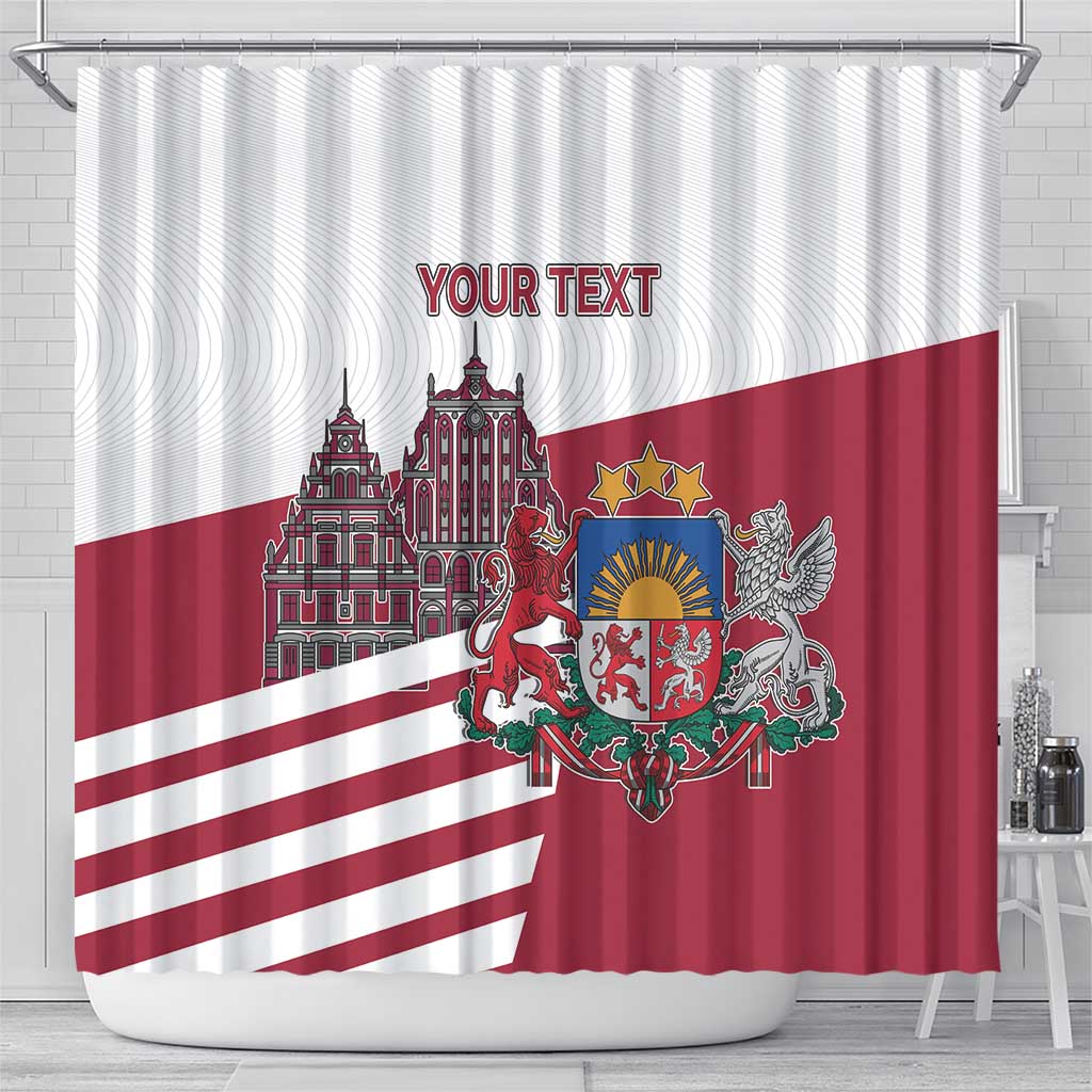 Latvia flag shower curtain with Riga Town Hall, coat of arms, and 'YOUR TEXT' header