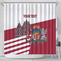 Latvia flag shower curtain with Riga Town Hall, coat of arms, and 'YOUR TEXT' header