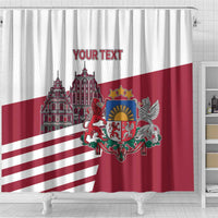 Latvia flag shower curtain with Riga Town Hall and coat of arms, red stripe design