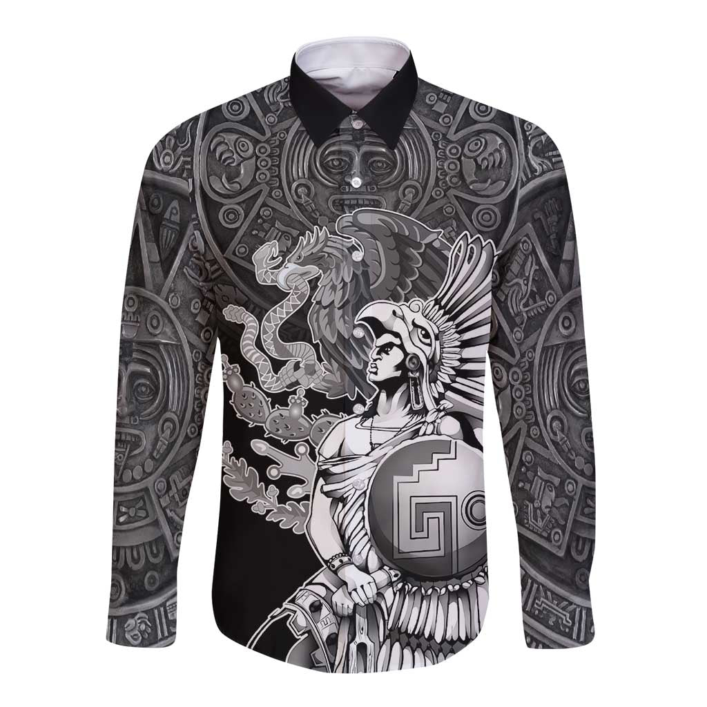Black long-sleeve button shirt with Aztec warrior graphic and tribal pattern