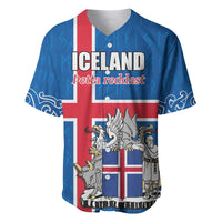 Personalized Iceland Coat of Arms Baseball Jersey Runic Alphabet Viking Runes Pattern