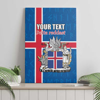 Blue Iceland flag canvas wall art with coat of arms, 'YOUR TEXT', and runic pattern