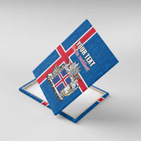 Blue Iceland flag canvas wall art with crest and personalized text, angled view