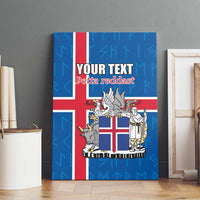 Blue Iceland flag canvas wall art featuring coat of arms and 'YOUR TEXT' lettering
