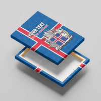 Unframed blue canvas wall art with Iceland flag crest and runes, diagonal view