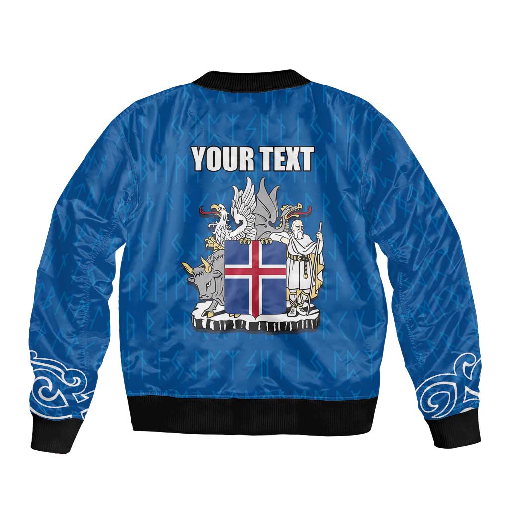 Blue zip bomber jacket back with YOUR TEXT, Iceland crest, flag, ribbed cuffs