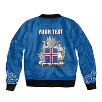 Blue zip bomber jacket back with YOUR TEXT, Iceland crest, flag, ribbed cuffs