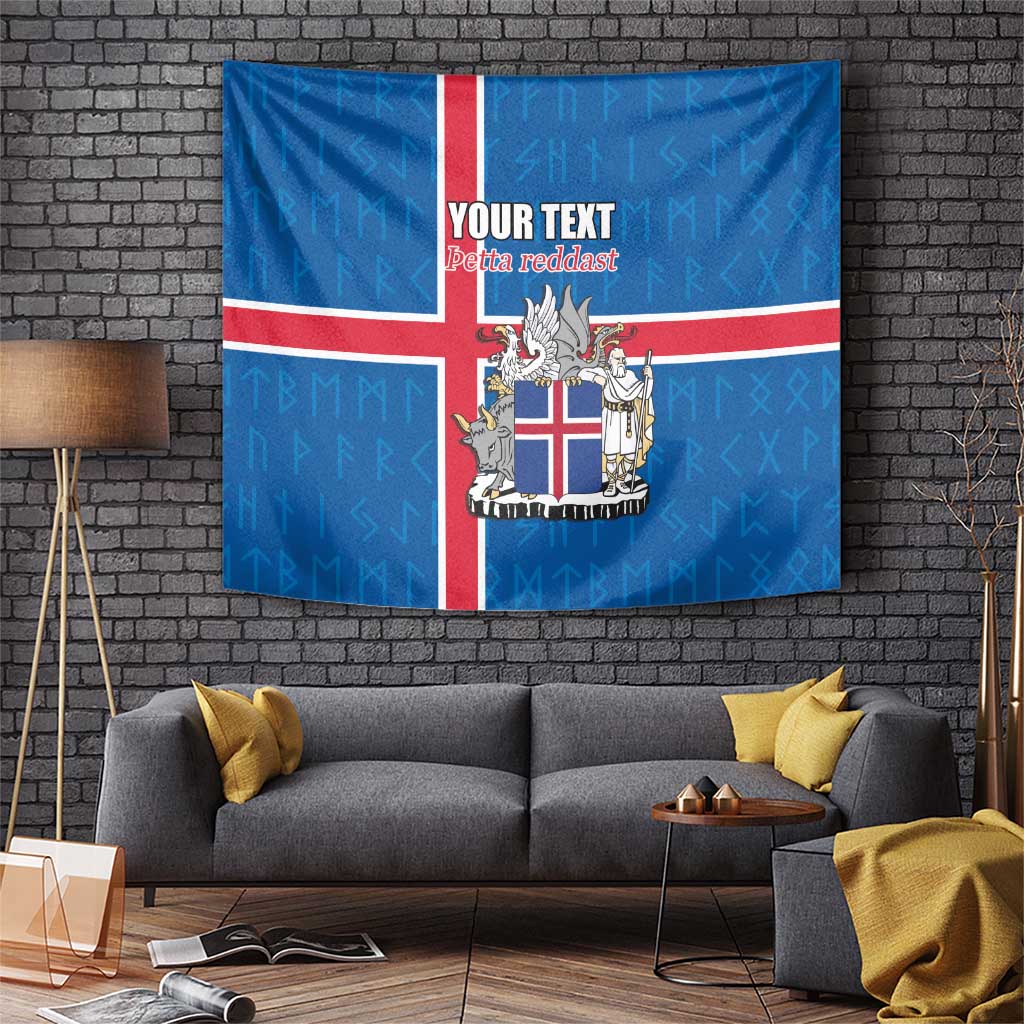 Personalized Iceland Coat of Arms Tapestry Runic Alphabet Viking Runes Pattern