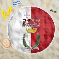 Round Malta Independence Day beach blanket, red/white coat of arms, fringed edge