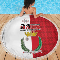 Round Malta Independence Day beach blanket with coat of arms, red patterned half, white half
