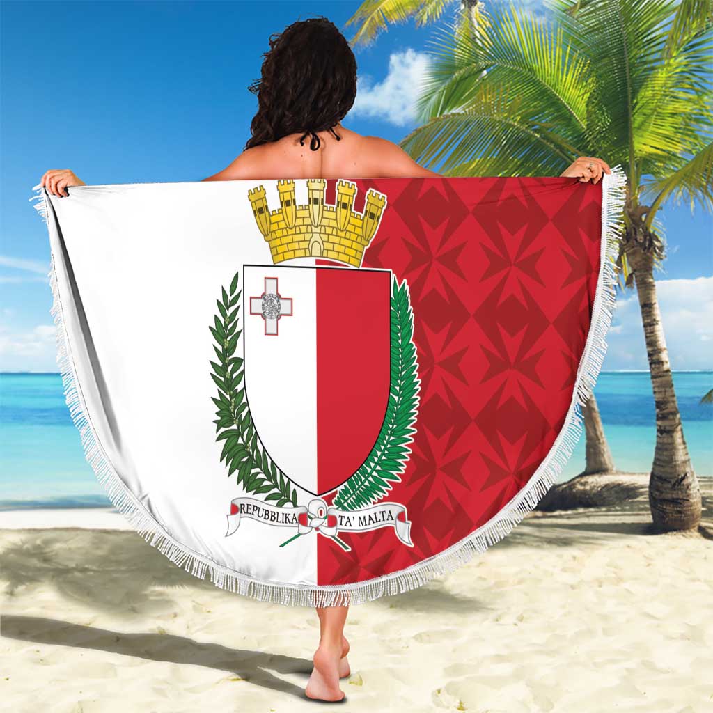 Round Malta Independence Day beach blanket with coat of arms shield, red patterned back, fringes