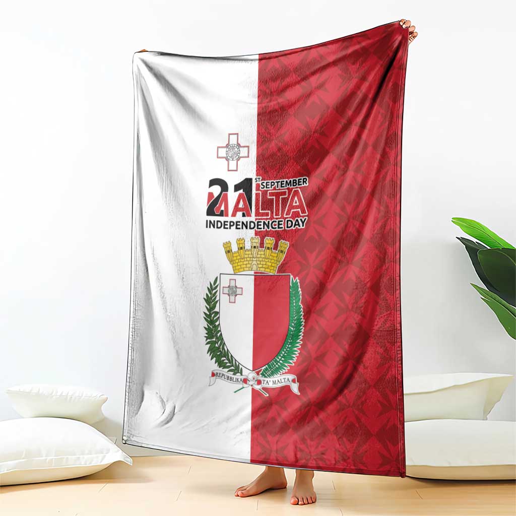 Malta Independence Day flag blanket draped, featuring Malta emblem and red geometric pattern
