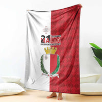 Malta Independence Day flag blanket draped, featuring Malta emblem and red geometric pattern
