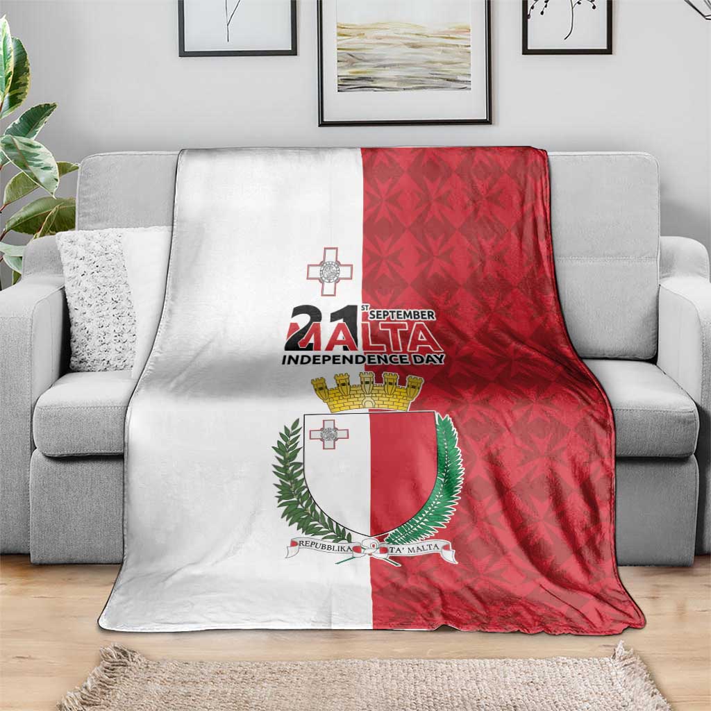 Red and white Malta Independence Day blanket with coat of arms and Maltese cross graphic