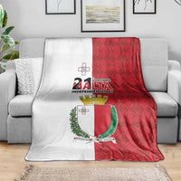 Red and white Malta Independence Day blanket with coat of arms and Maltese cross graphic