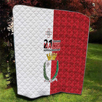 Quilted Malta flag style blanket with red right side, white left side, coat of arms
