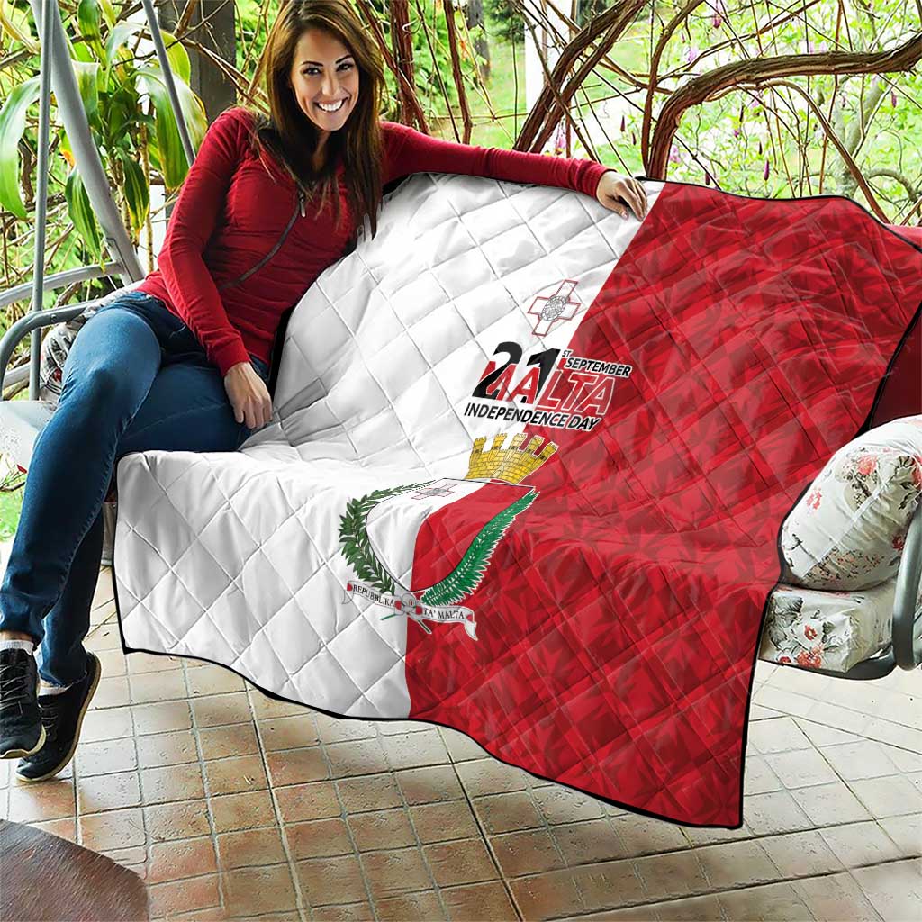 Large Malta Independence Day quilt, white-and-red diamond quilting with Malta coat of arms
