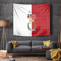 Malta Independence Day tapestry flag with red-and-white split design and coat of arms crest