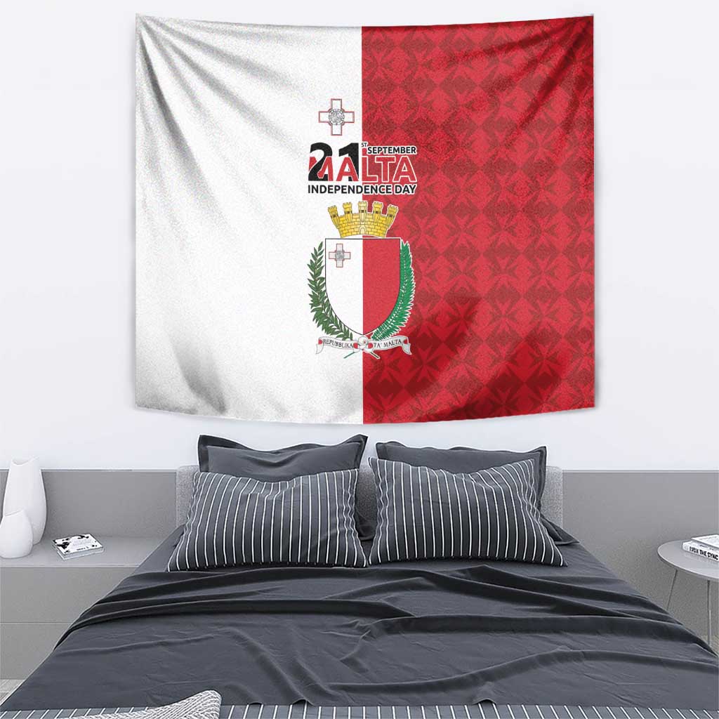 Malta Independence Day tapestry flag, white left and red right with Malta crest centerpiece