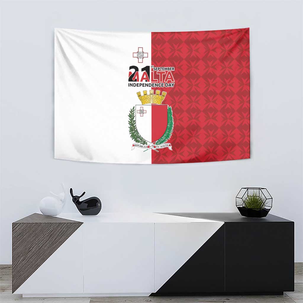 Malta Independence Day tapestry flag showing red patterned right panel and white left panel