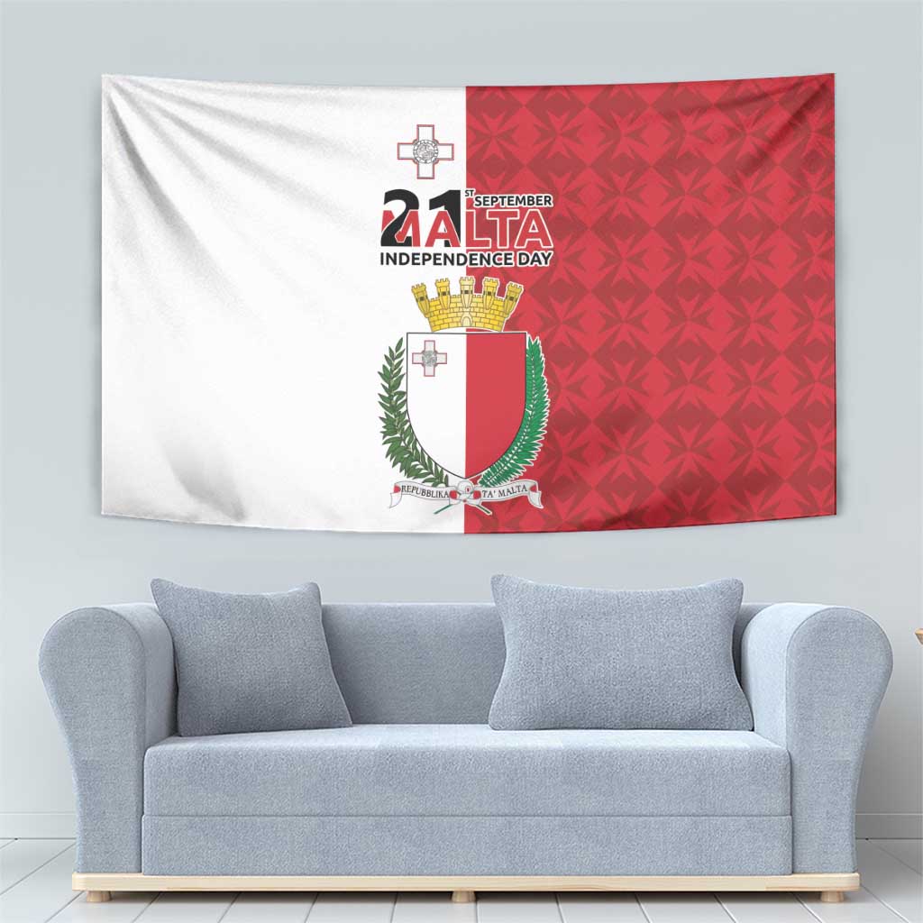 Malta Independence Day tapestry flag with red patterned field, white panel, and central shield