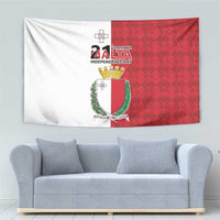 Malta Independence Day tapestry flag with red patterned field, white panel, and central shield