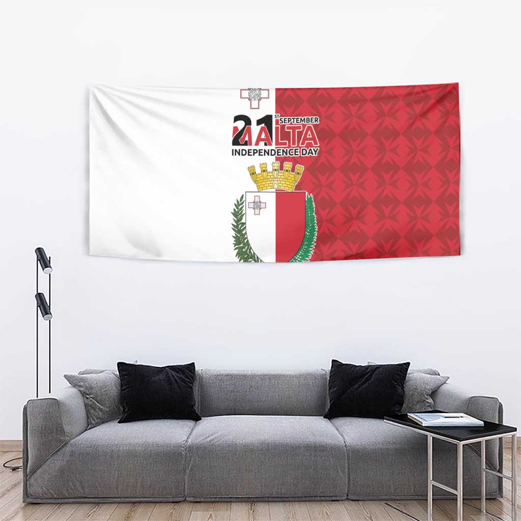 Malta Independence Day tapestry flag featuring red-and-white panels with coat of arms emblem
