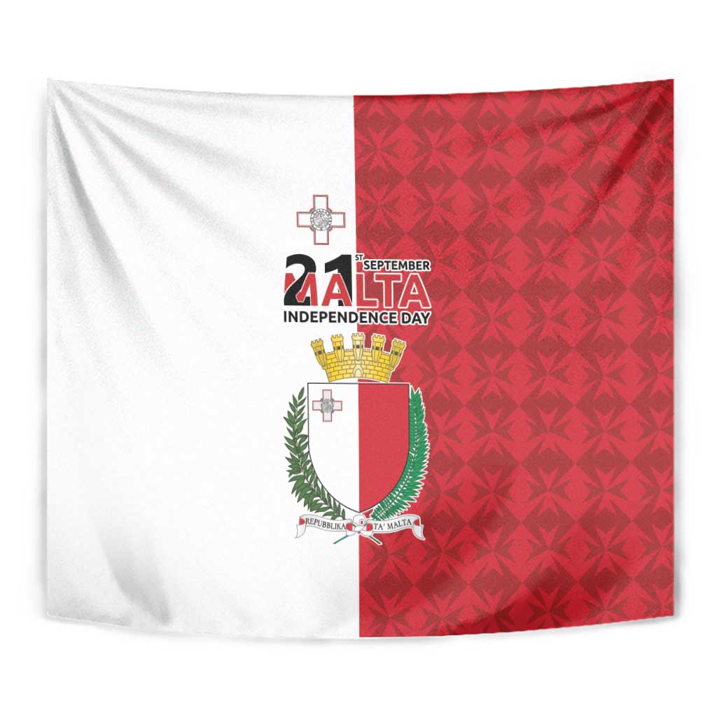 Malta Independence Day tapestry flag close-up: red patterned right, white left, Malta crest
