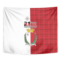 Malta Independence Day tapestry flag close-up: red patterned right, white left, Malta crest