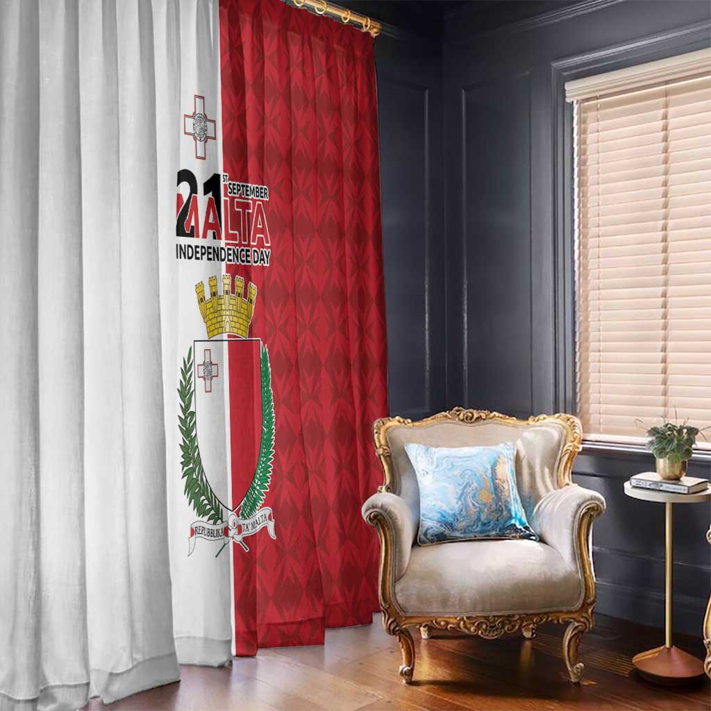 Malta-themed window curtains with red and white panels and coat of arms emblem