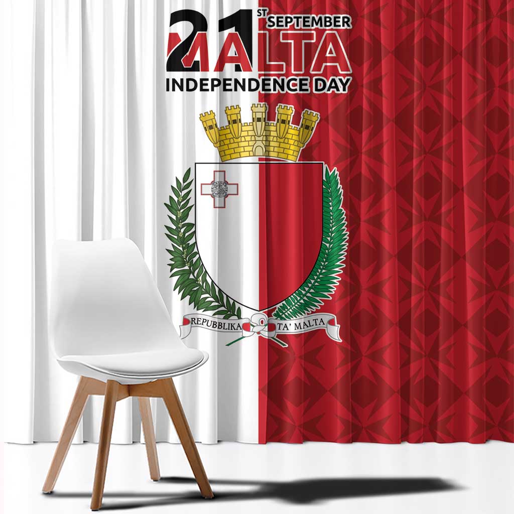 Red and white Malta Independence Day curtain panels with large coat of arms graphic