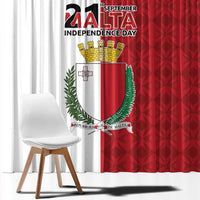 Red and white Malta Independence Day curtain panels with large coat of arms graphic