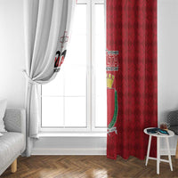 Window curtains with red right panel and white left panel featuring Malta coat of arms