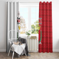 Red and white Malta-themed curtains with coat of arms design on both panels