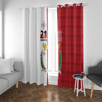 Red and white window curtain set with Malta Independence Day crest printed