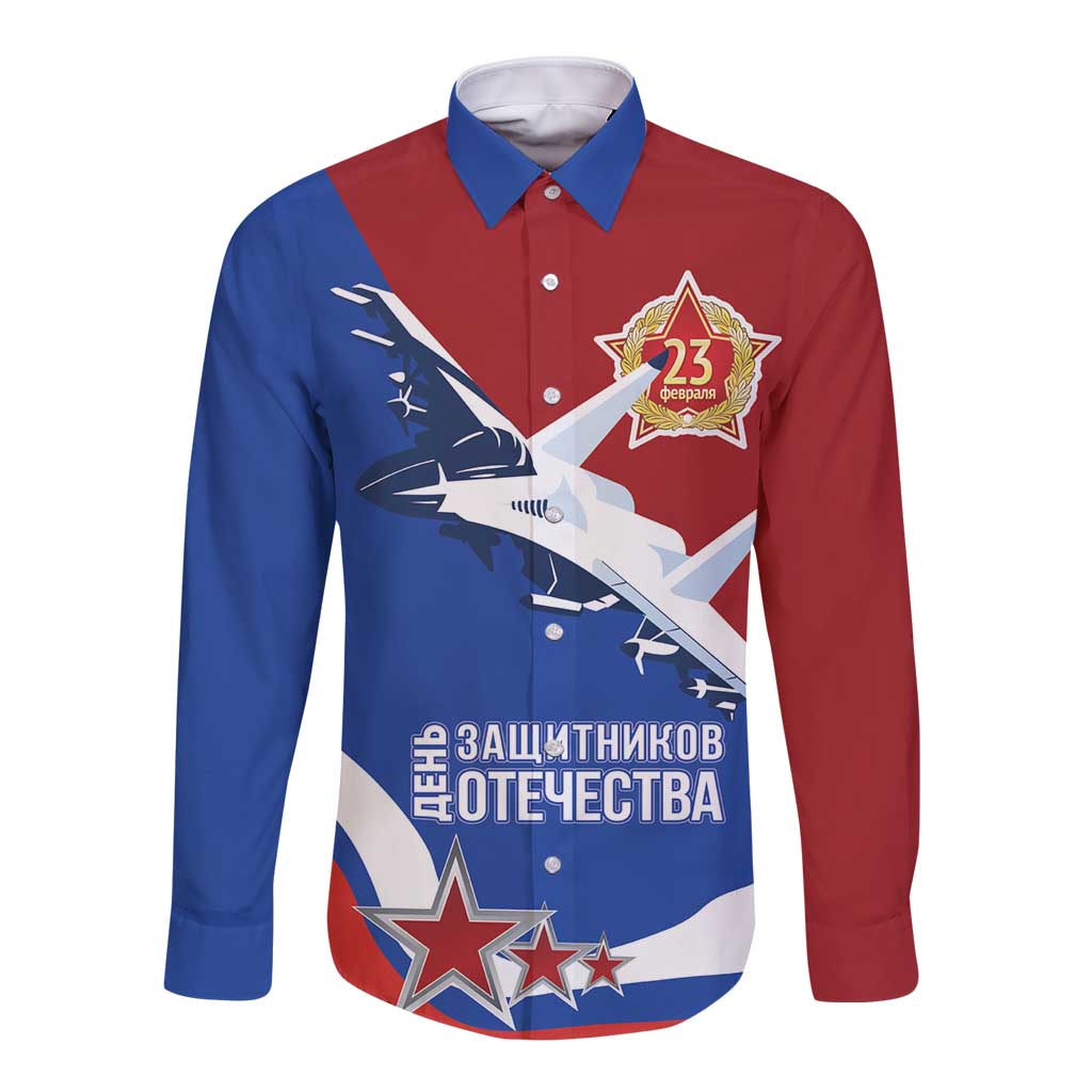 Long-sleeve button shirt with red/blue front graphic and star badge