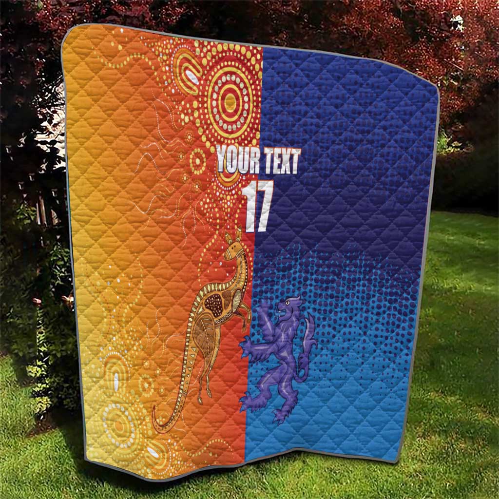 Orange and blue diamond-quilt blanket showing centered 'YOUR TEXT' and '17'