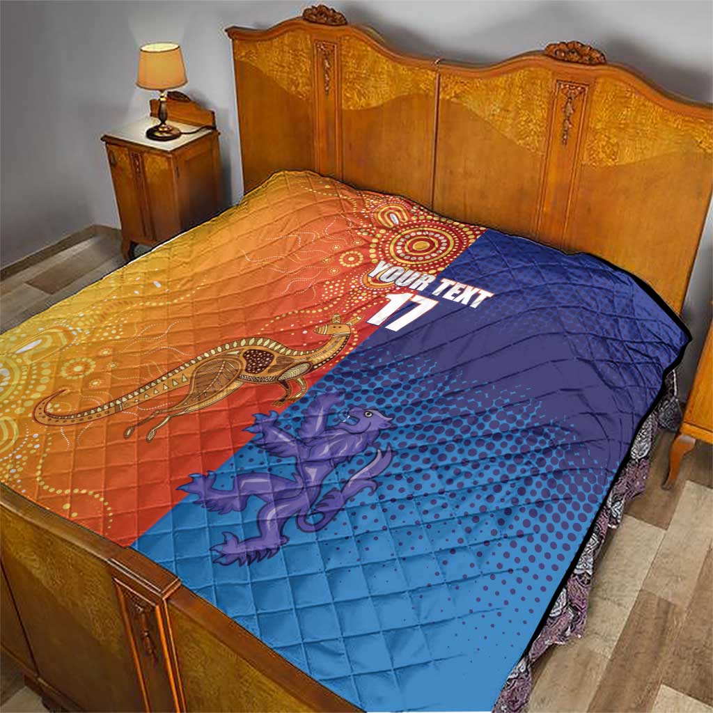 Orange and blue diamond-quilt blanket laid on bed with centered 'YOUR TEXT' and '17'