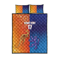 Rugby quilt bed set front view: orange and blue quilt with kangaroos, 2 matching pillows
