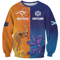 Unisex rugby sweatshirt with colorful Australia and Scotland crest graphics, long sleeves