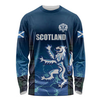 Blue long-sleeve rugby shirt with Scotland crest and white side stripes