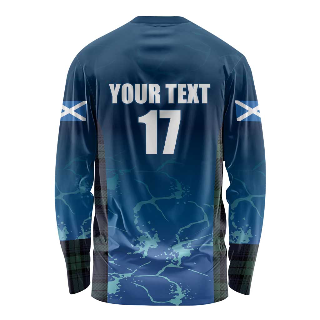 Blue long-sleeve rugby shirt back with YOUR TEXT 17 and white side stripes