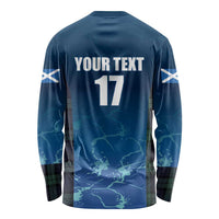 Blue long-sleeve rugby shirt back with YOUR TEXT 17 and white side stripes