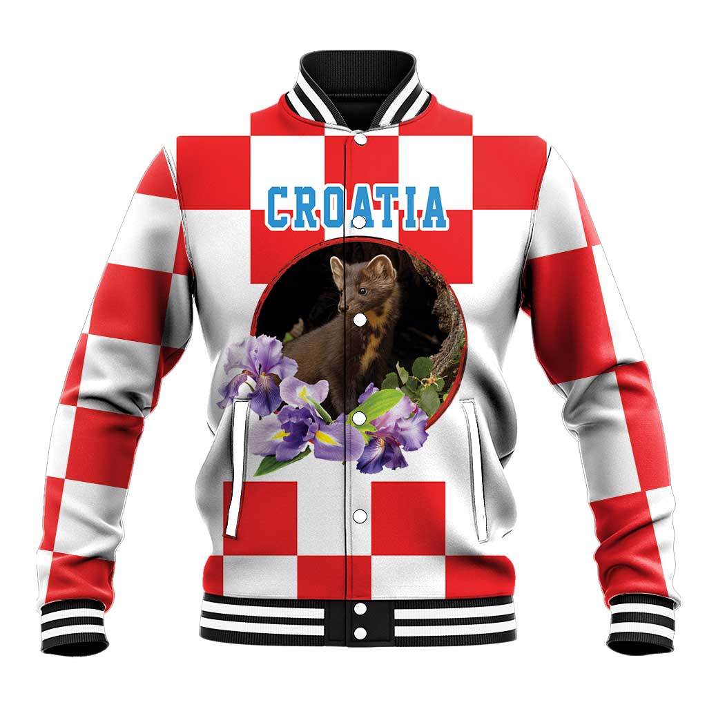 Croatia European Pine Marten and Iris Baseball Jacket National Animal and Flowers