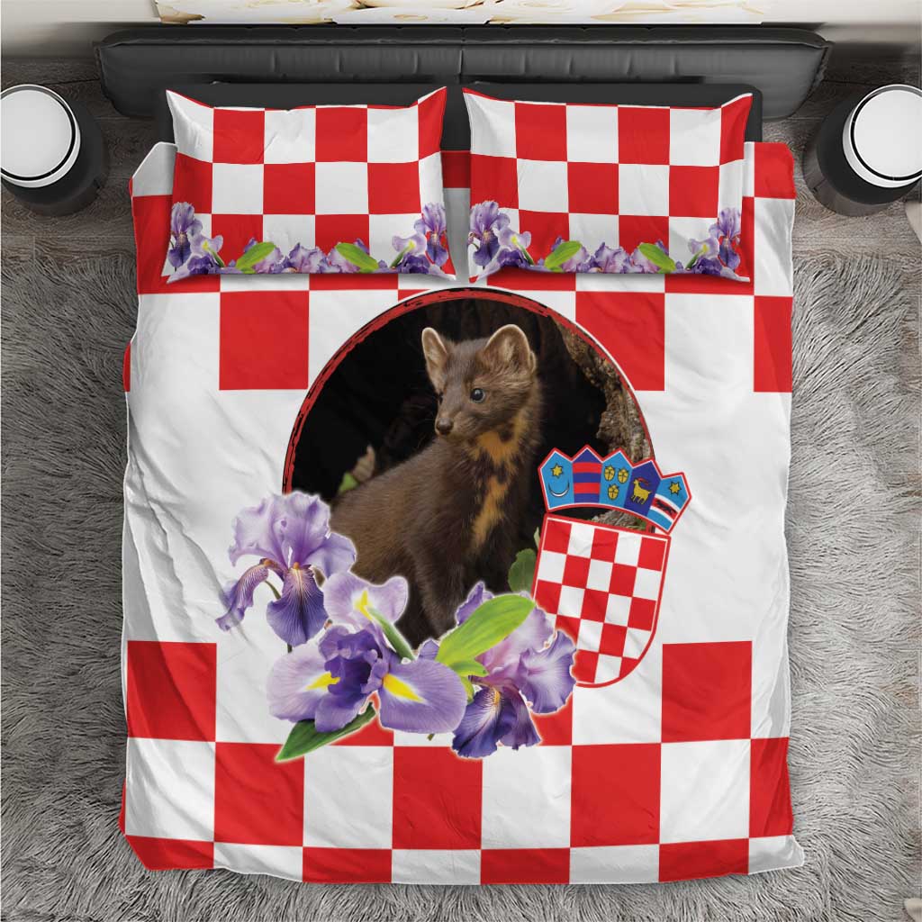 Red-and-white checker bedding set with pine marten and purple iris flower prints