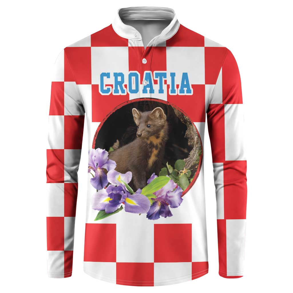 Croatia checkered pullover sweatshirt with button placket, pine marten and iris graphic