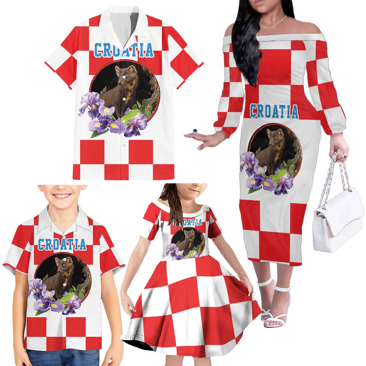 Croatia European Pine Marten and Iris Family Matching Off The Shoulder Long Sleeve Dress and Hawaiian Shirt National Animal and Flowers