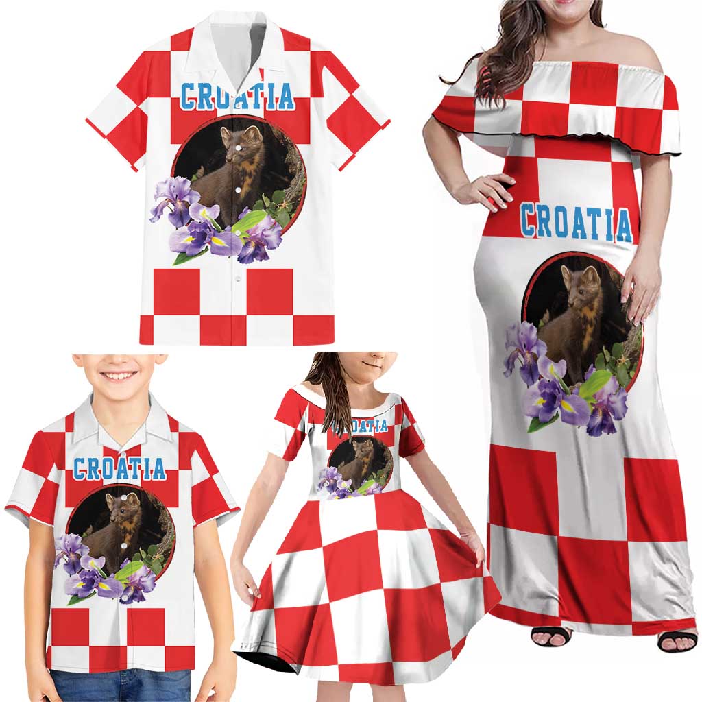 Croatia European Pine Marten and Iris Family Matching Off Shoulder Maxi Dress and Hawaiian Shirt National Animal and Flowers LT17 - Wonder Print Shop