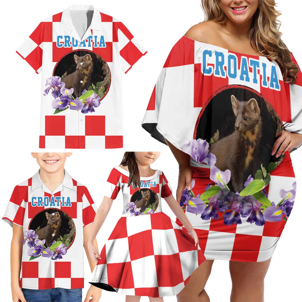 Croatia European Pine Marten and Iris Family Matching Off Shoulder Short Dress and Hawaiian Shirt National Animal and Flowers LT17 - Wonder Print Shop