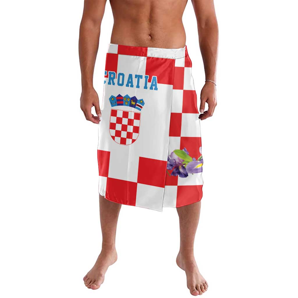 Croatia checkered lavalava wrap skirt with crest, CROATIA text, and purple flowers